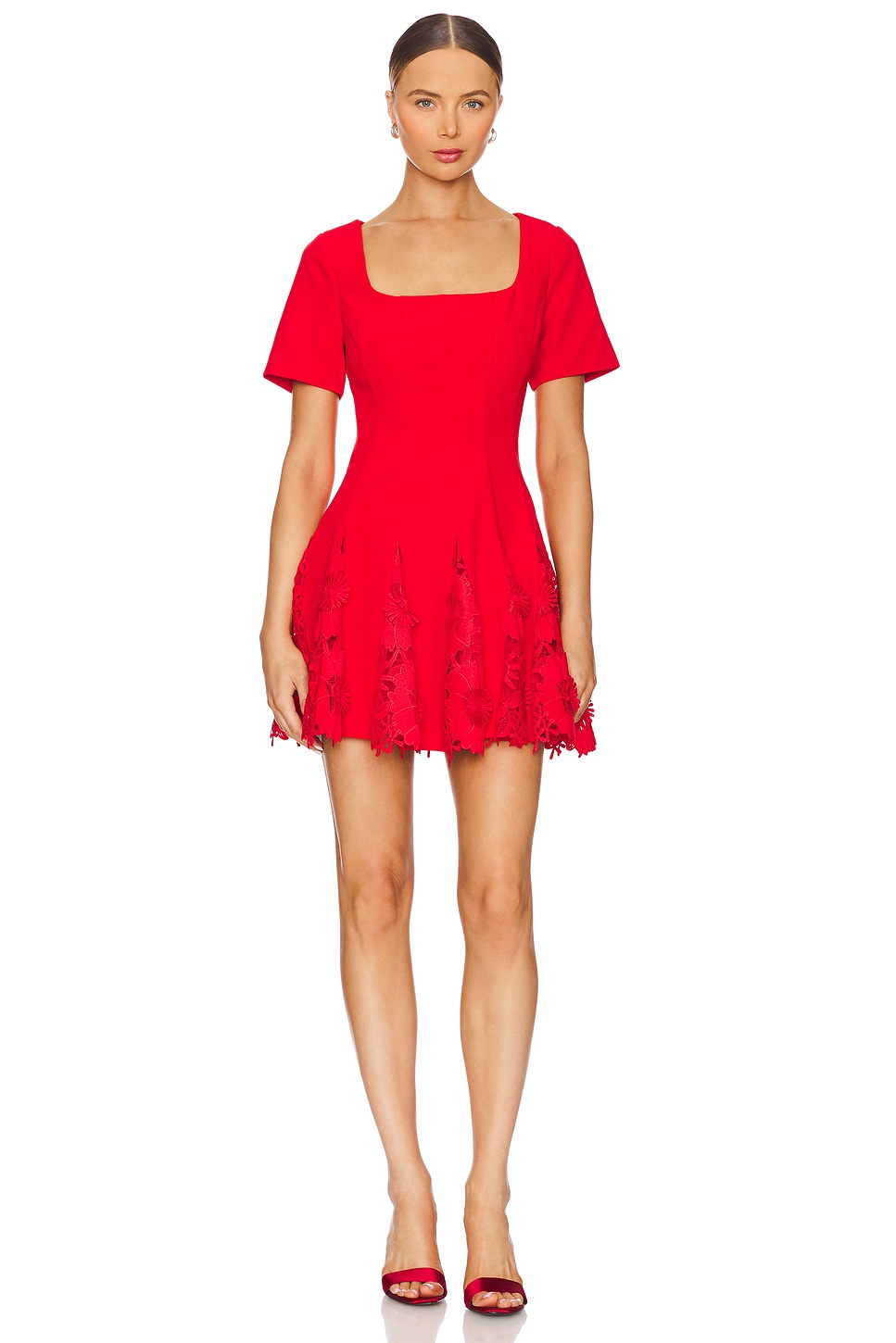 MILLY Joy Square Neck Mini Godet Dress in Red | REVOLVE