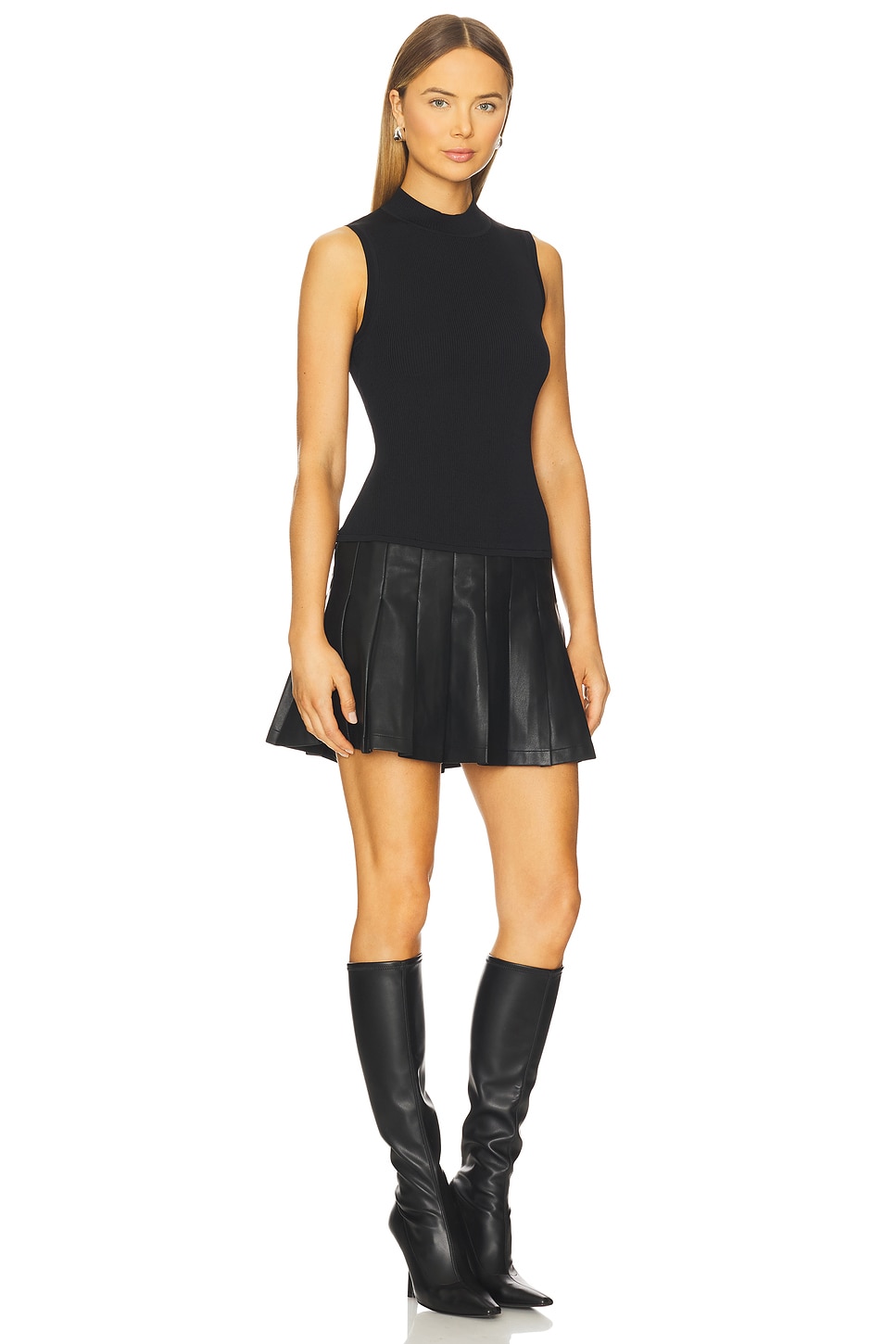 Leather Pleated Skirt Knit Dress - thumbnail 3