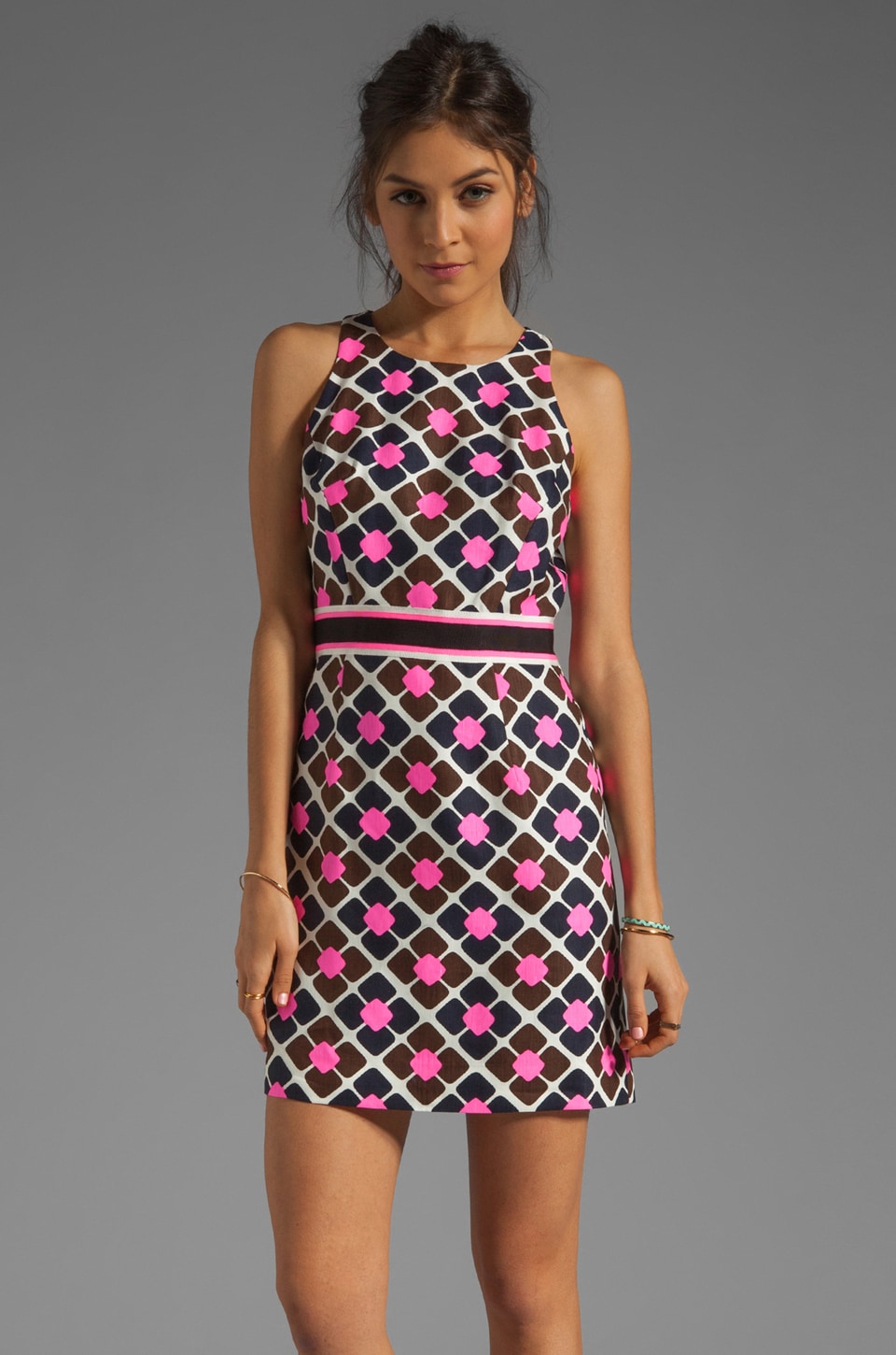 Milly Anna Tile Print On Silk Linen Sheath Dress In Solid Shocking Milly Anna Tile Print On Silk Linen Sheath Dress In Solid Shocking