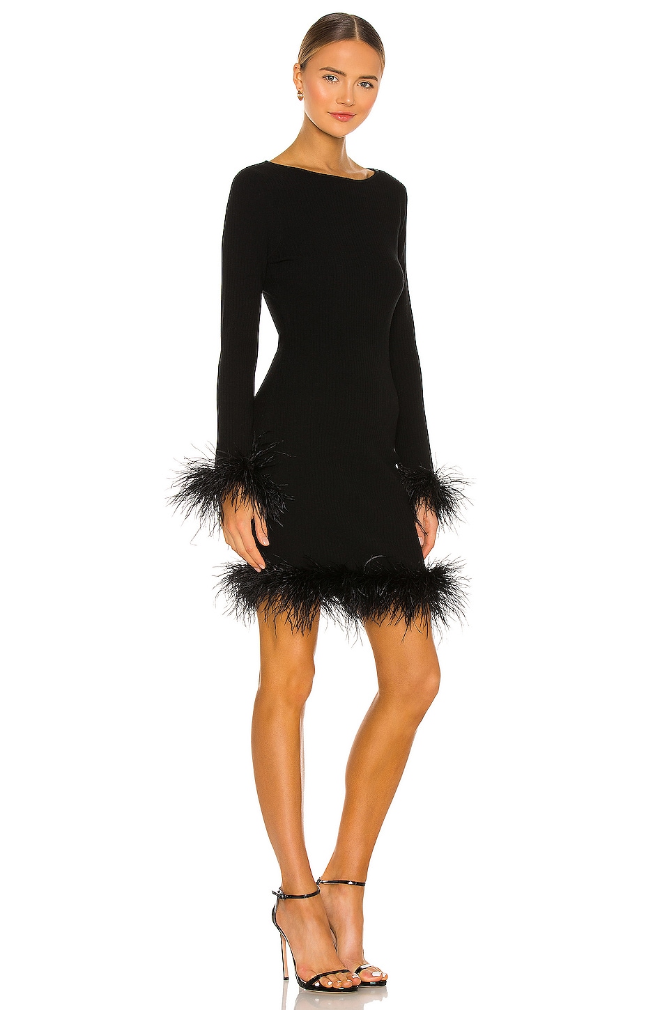 MILLY Feather Hem Fitted Dress in Black | REVOLVE