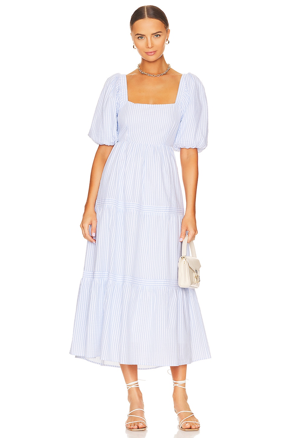 MINKPINK Milani Tiered Midi Dress in Blue & White