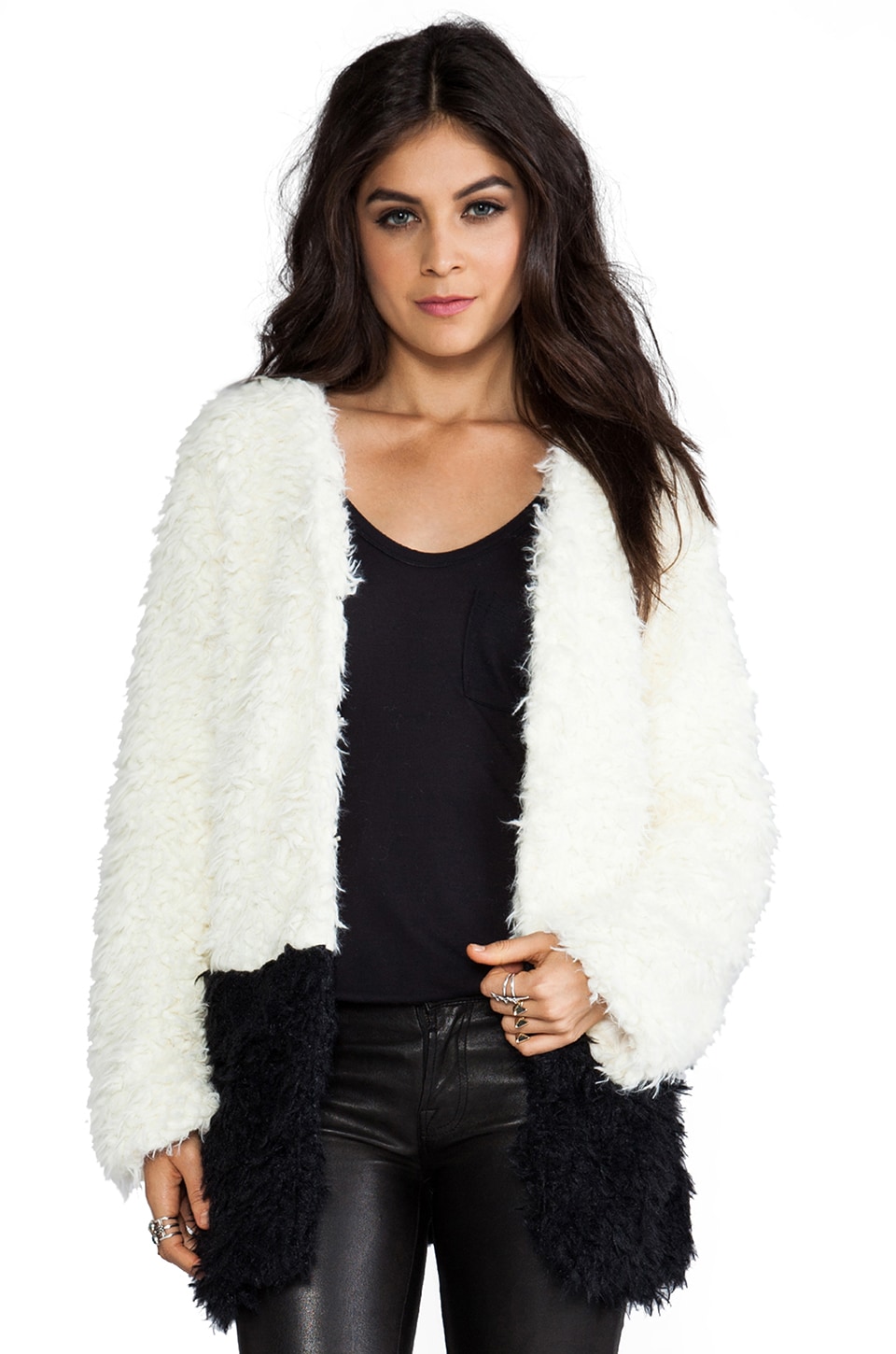 MINKPINK Farshion Faux Fur Long Coat in Cream & Black | REVOLVE