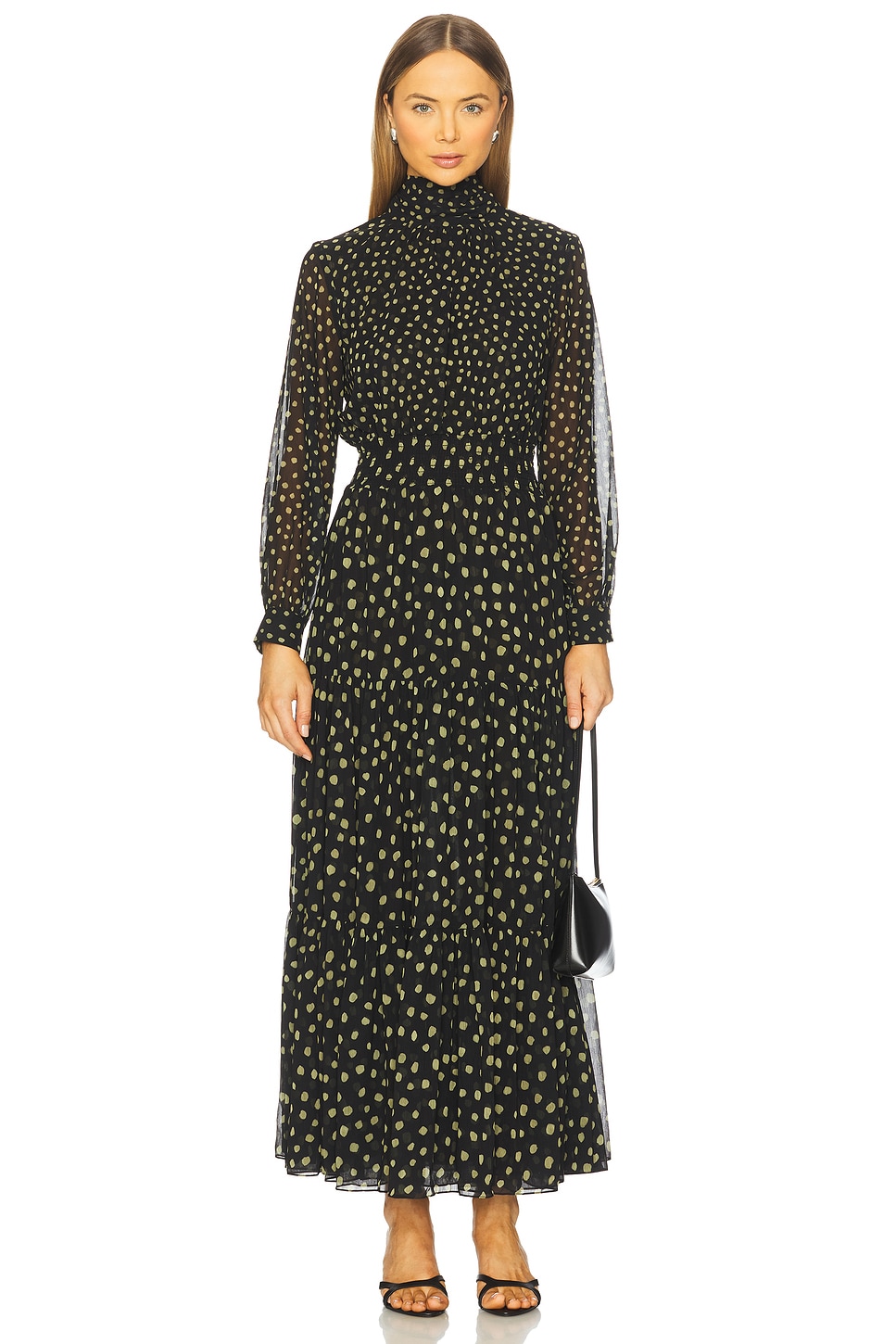 golden dot dress Cause to Celebrate Black and Gold Dot Ruffled Tiered Midi Dress