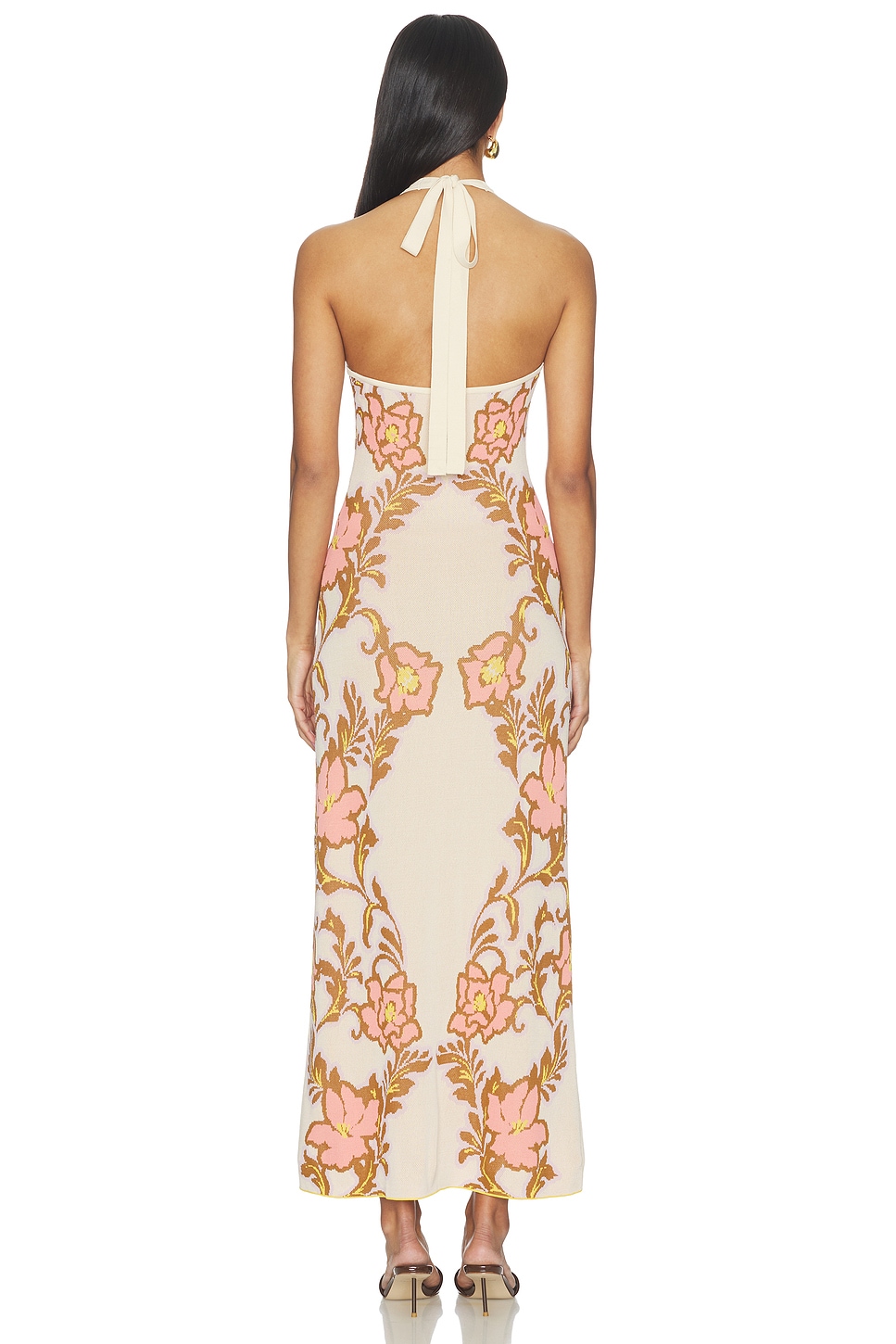 plumeria halter dress MISA Los Angeles Lizbeth in Brown,Pink Alfred shaheen