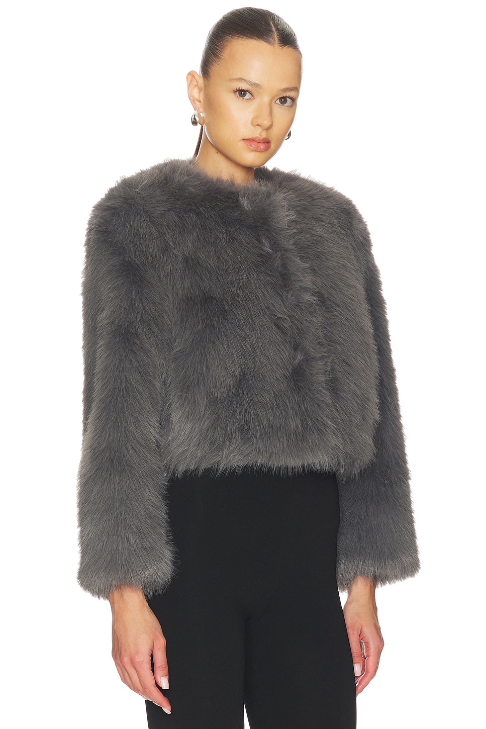 MISA Los Angeles Jordyn Cropped Faux Fur Jacket in Dark Grey
