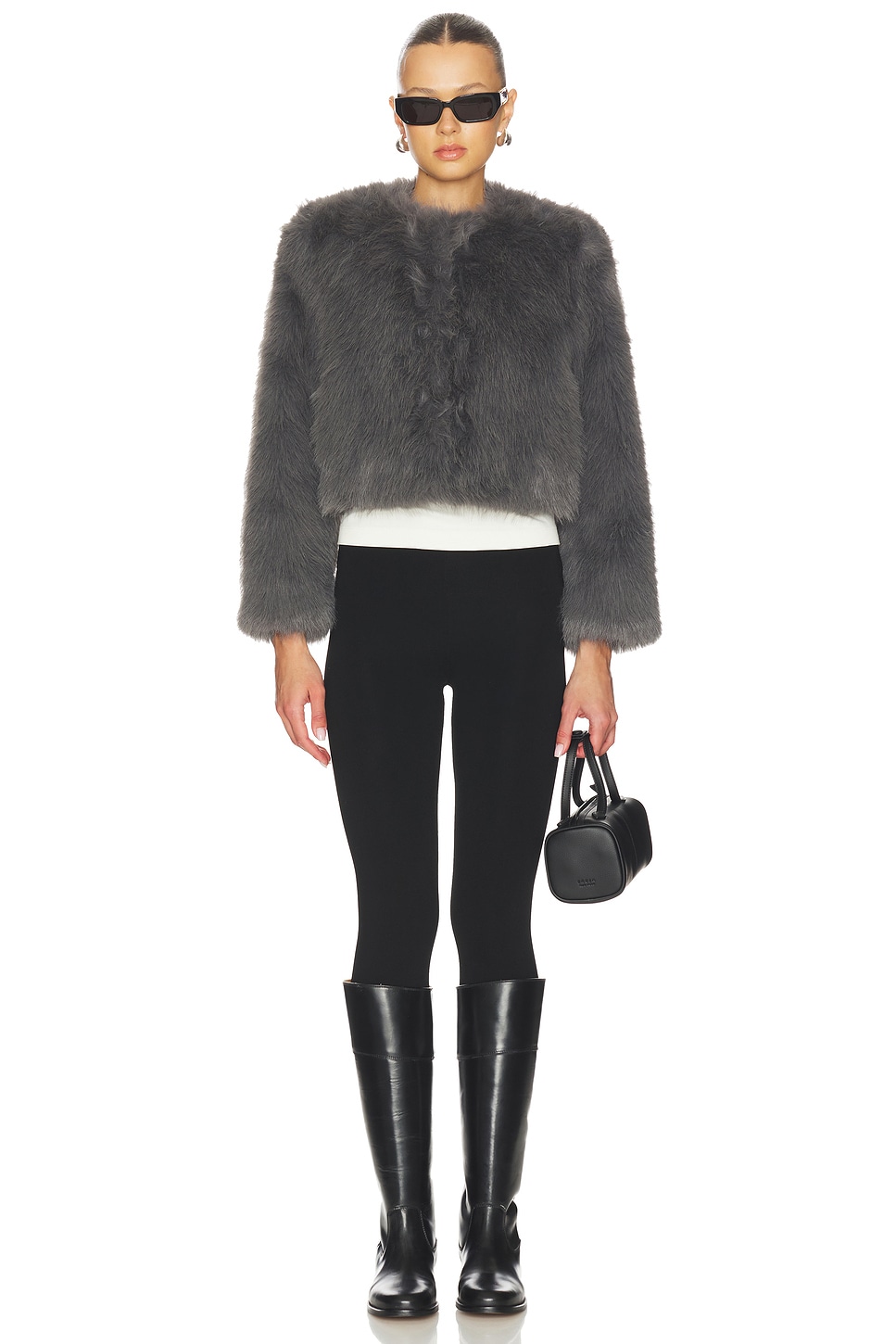 MISA Los Angeles Jordyn Cropped Faux Fur Jacket in Dark Grey