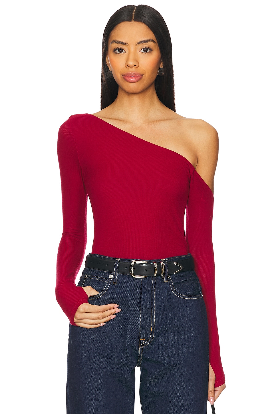 Magdaleno Long Sleeve Asymmetrical Fitted Cold Shoulder Top