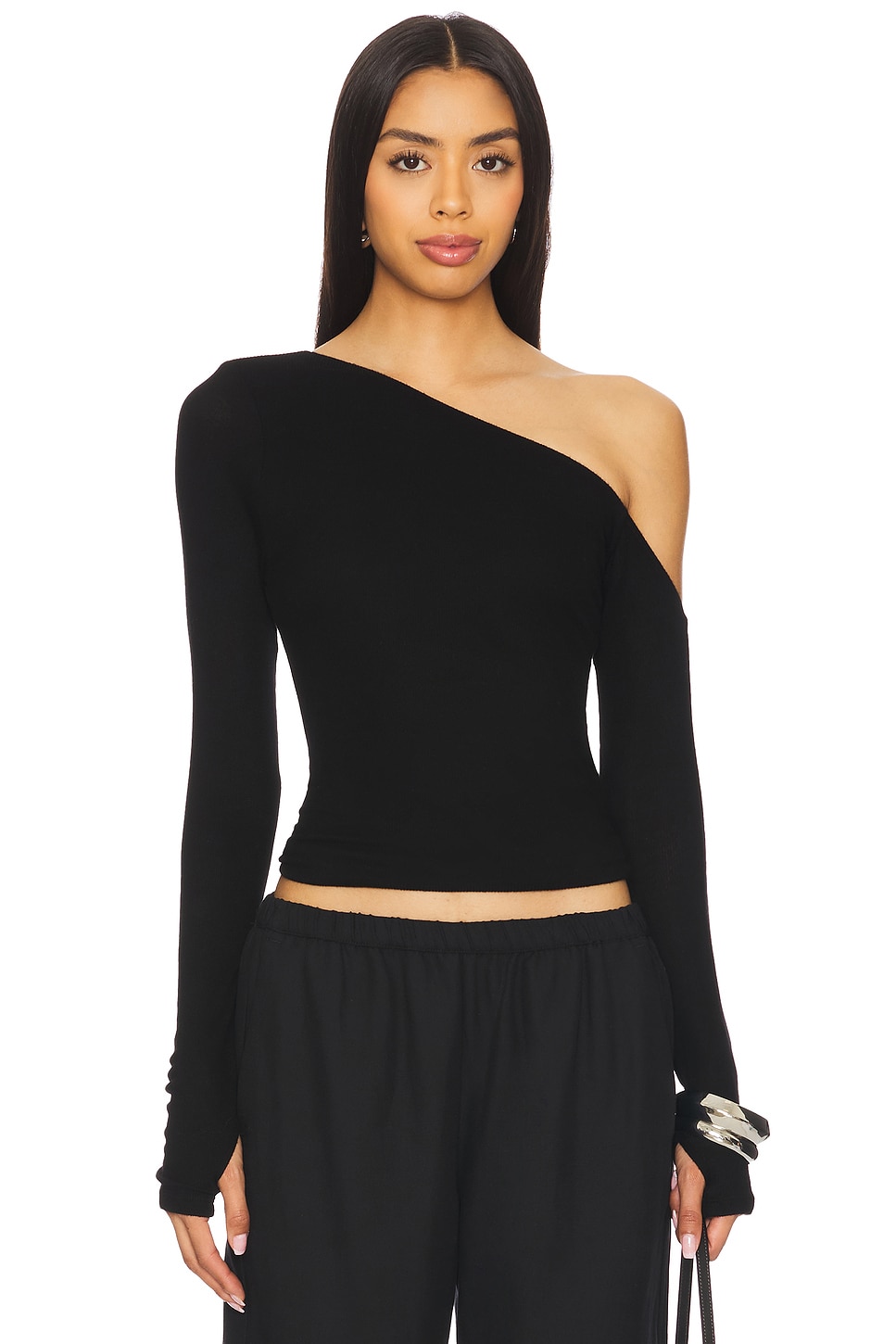 Magdaleno Long Sleeve Asymmetrical Fitted Cold Shoulder Top