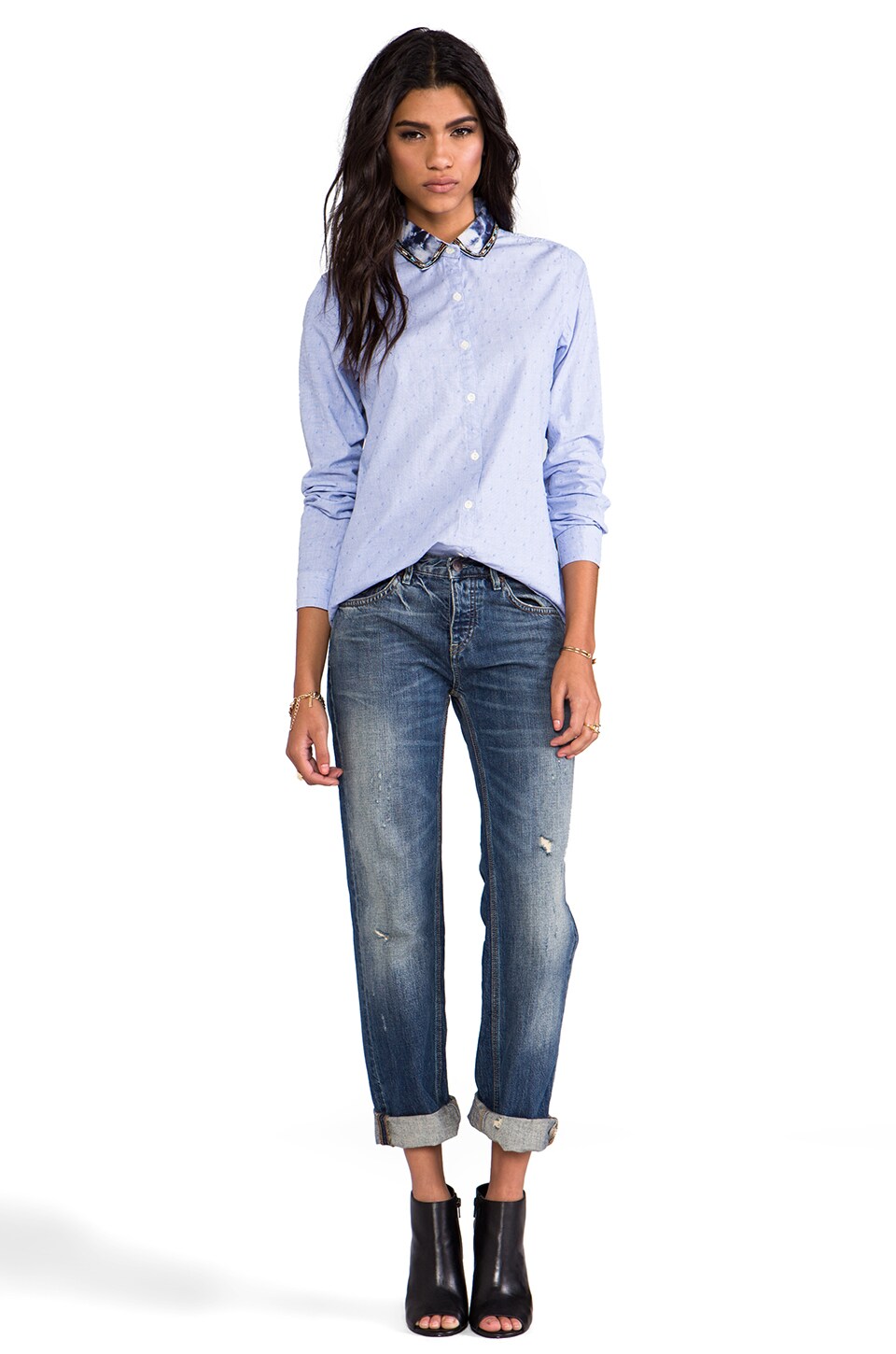 Maison Scotch Button Down Shirt with Embellished Collar in Blue