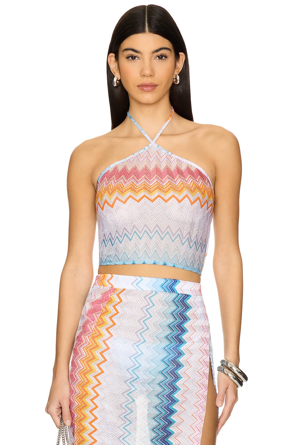 One-shoulder bikini in zigzag print stretch nylon