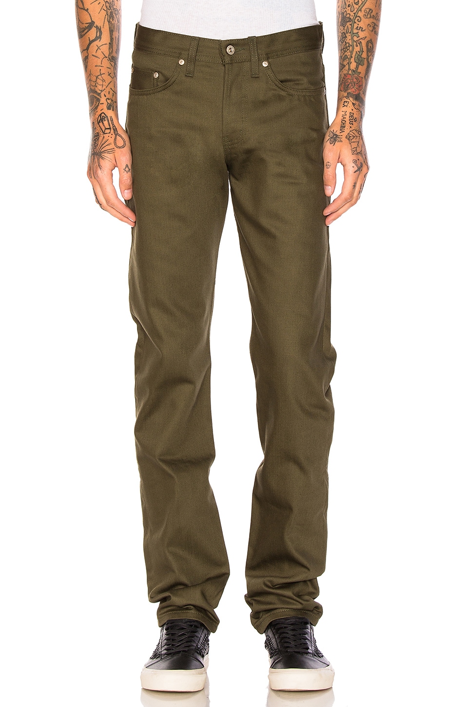 Naked Famous Denim Weird Guy Khaki Green Selvedge Chino In Khaki Green Revolve