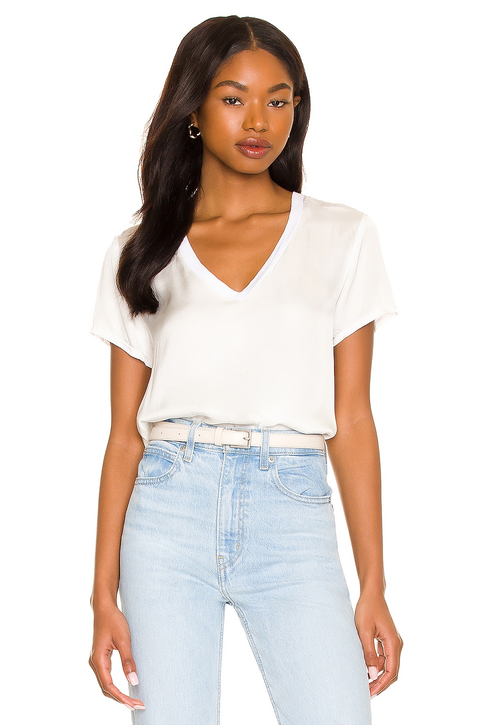 Nation Los Angeles June Sateen V Neck Top in White