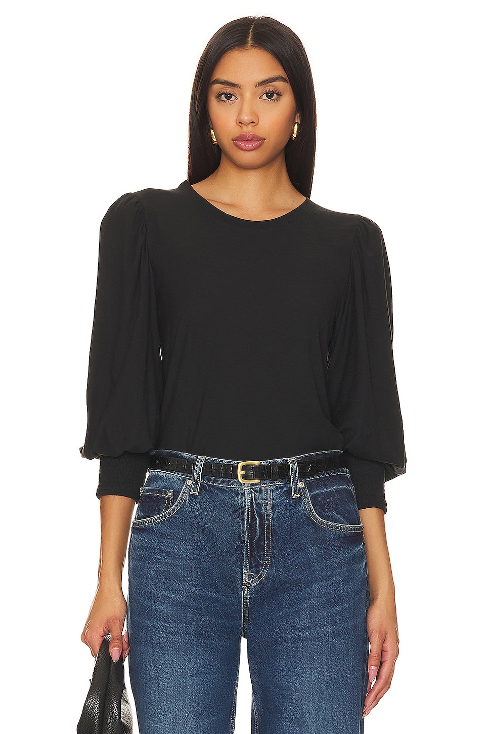 Nation LTD Loren Smocked Peasant Tee in Jet Black | REVOLVE