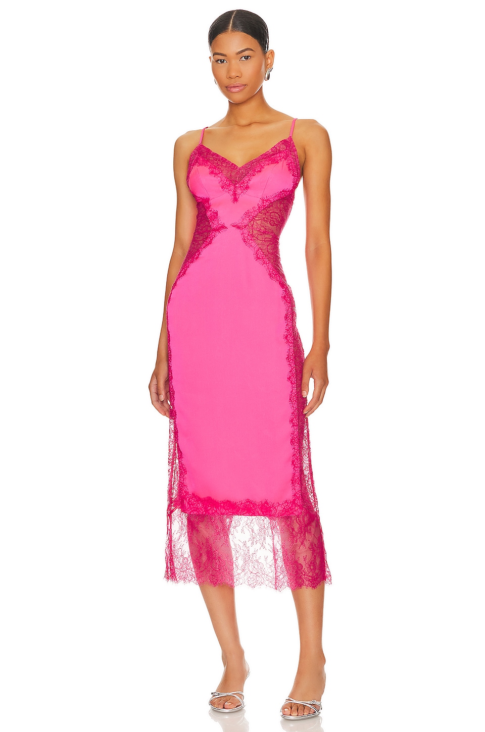 Midi Dress Cerise Pink Lace Dress NBD Lilia Midi Dress In Hot Pink