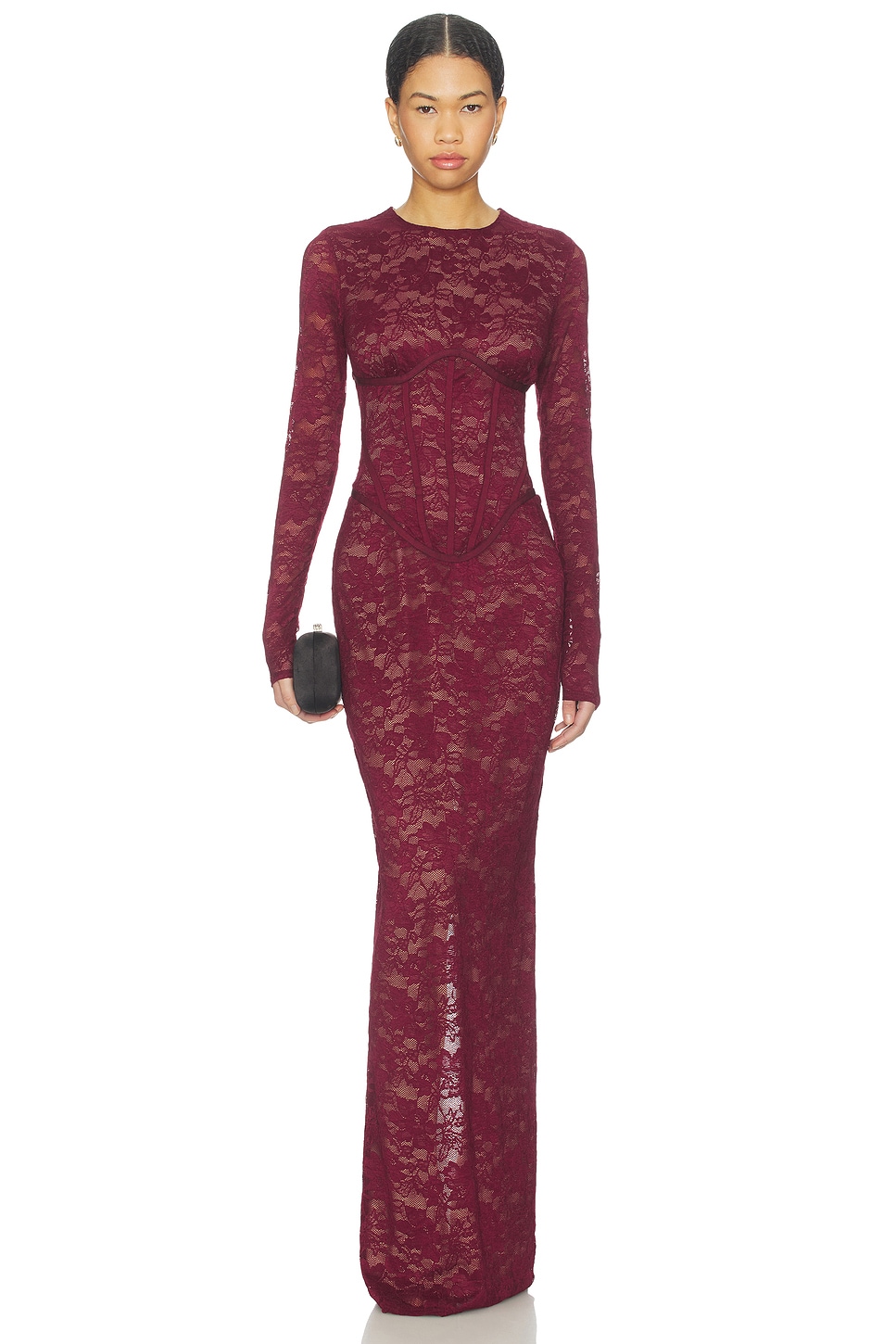 fitted lace wedding dress Alayna Berry Long-Sleeve Maxi Dress With Ruffled Split – Club L London main image 1