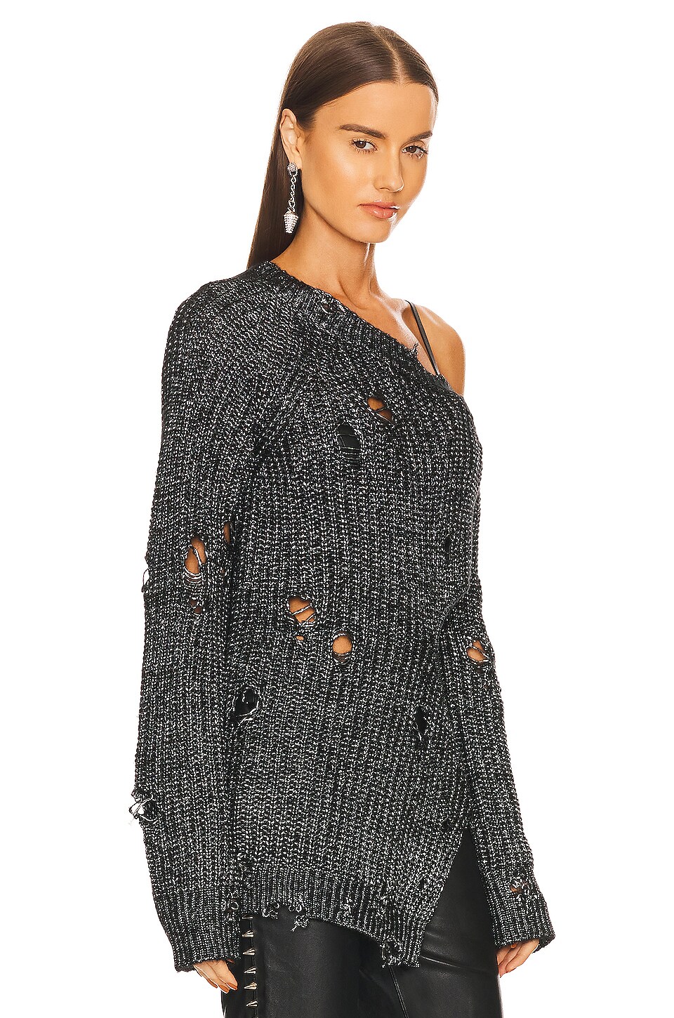 NBD Mundaka Distressed Oversized Sweater in Black Metallic