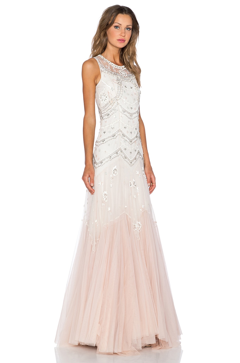 Needle & Thread Tulle V-Cut Gown in Cream & Dust Pink | REVOLVE