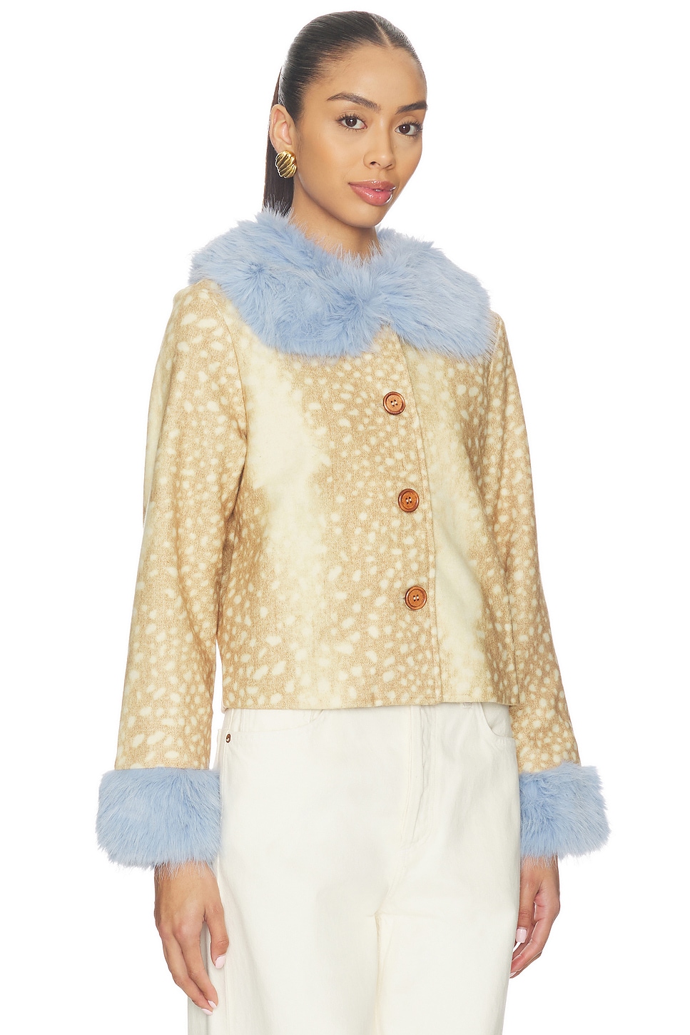 Never Fully Dressed Deer Print Jacket With Blue Fur Trims thumbnail