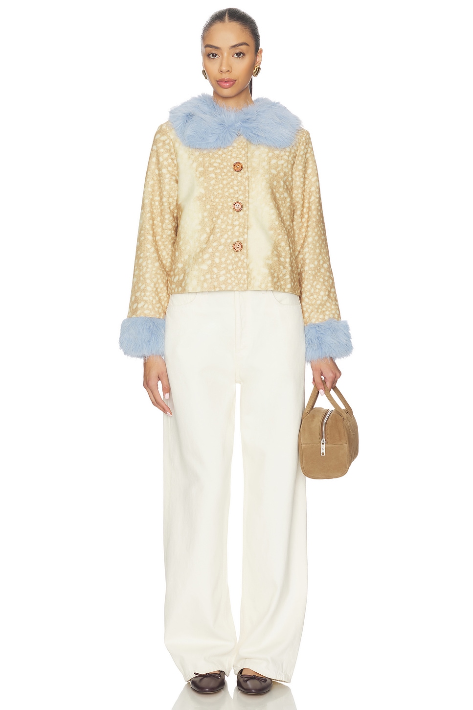 Never Fully Dressed Deer Print Jacket With Blue Fur Trims thumbnail