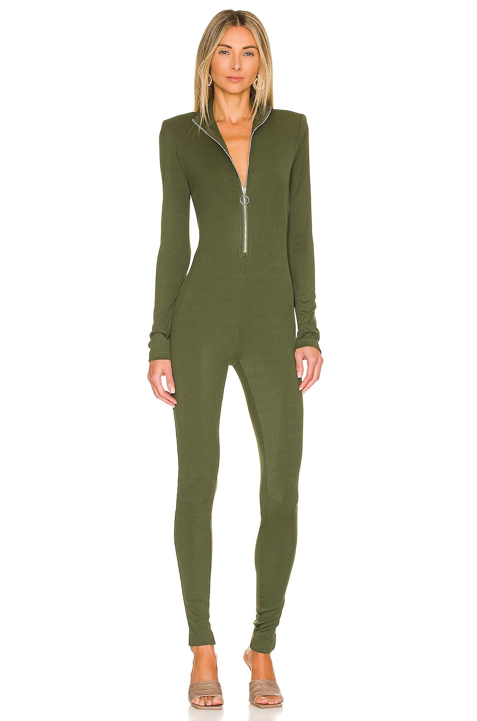 NICHOLAS Cyd Rib Long Sleeve Onesie with Zip in Moss