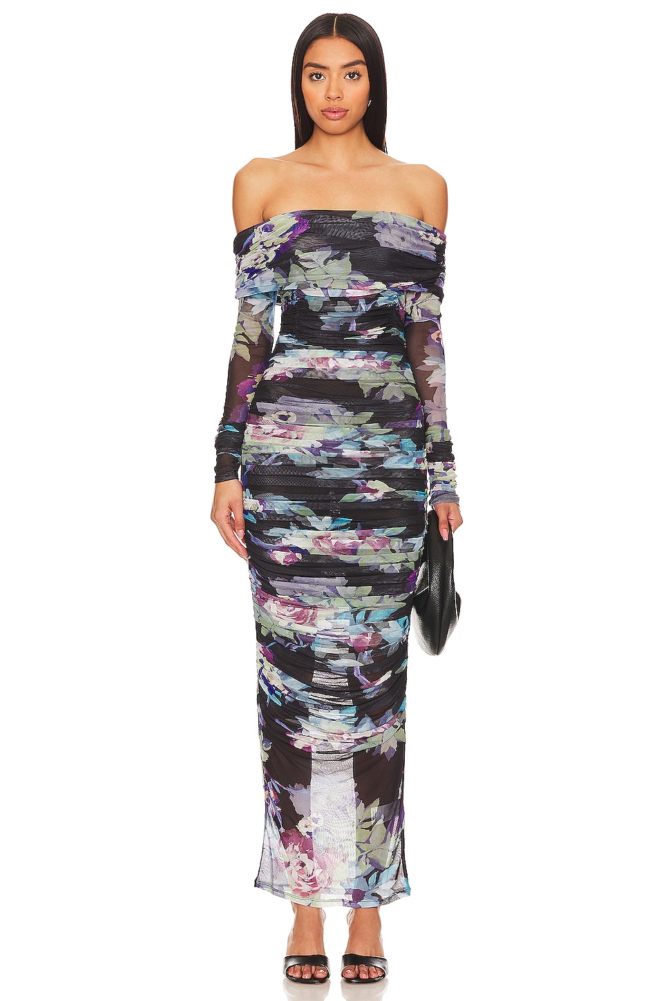 NICHOLAS Oaklyn Dress Shoulder | Shirred Midi in REVOLVE Black Antique Floral Off
