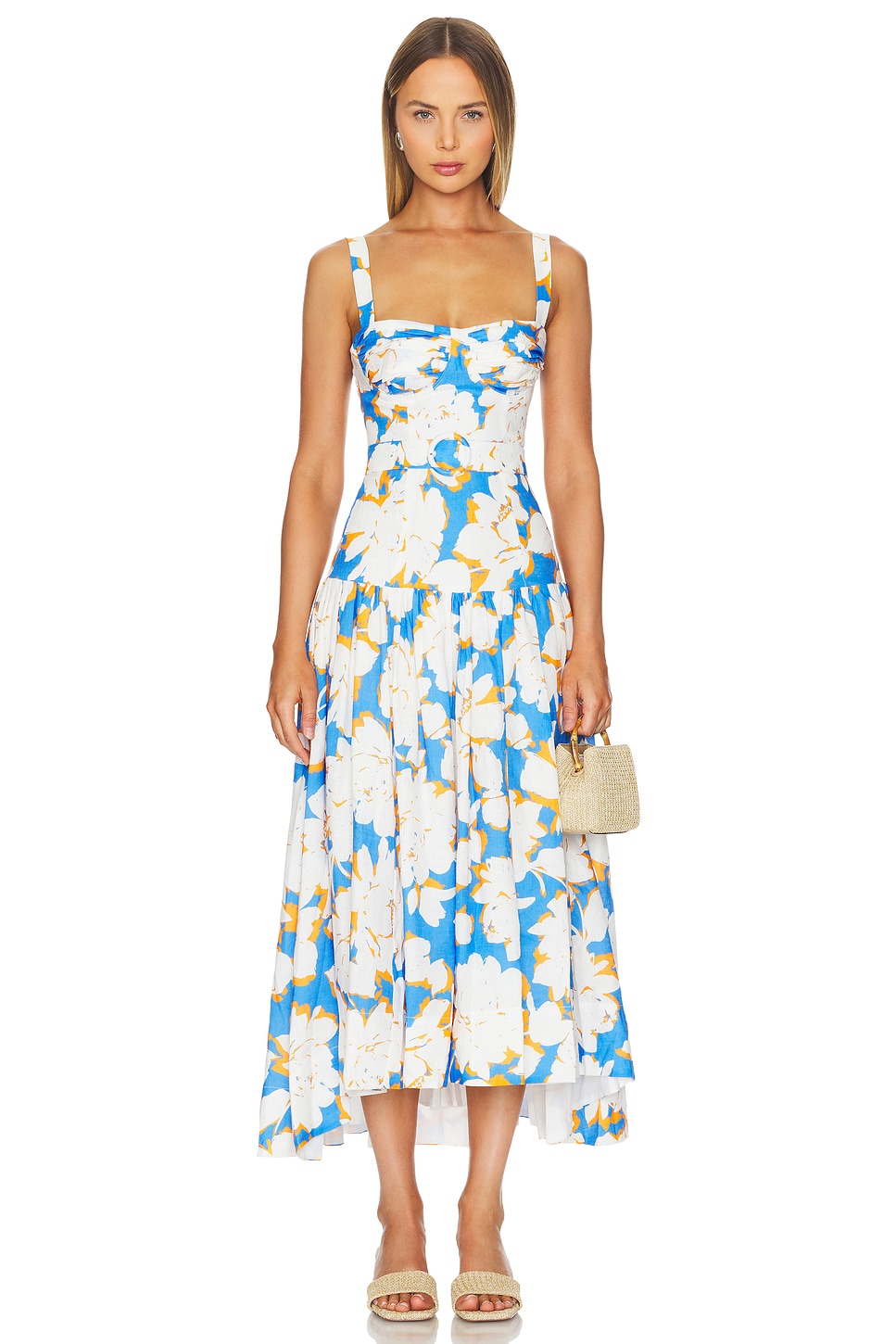 NICHOLAS Drenica Drop Waist Corset Midi Dress in Santorini Print | REVOLVE