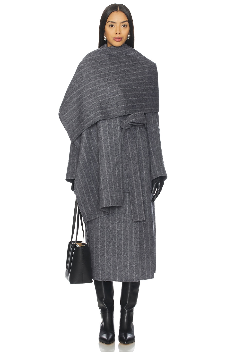 NICHOLAS Candice Scarf Double Wool Long Coat in Charcoal Pinstripe