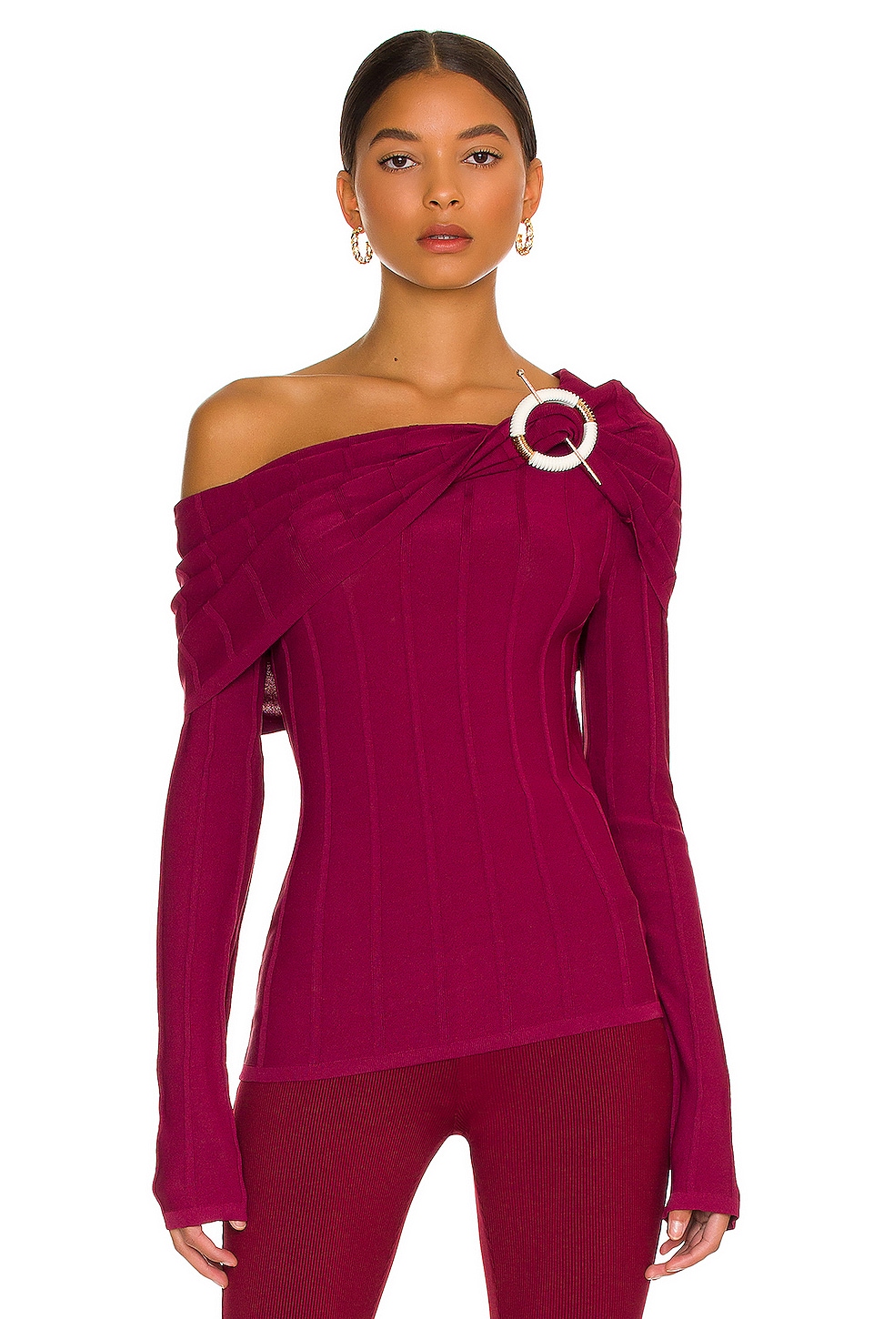 NICHOLAS Aglaia Knit Drop Shoulder Long Sleeve Top with Ring Sangria Solid