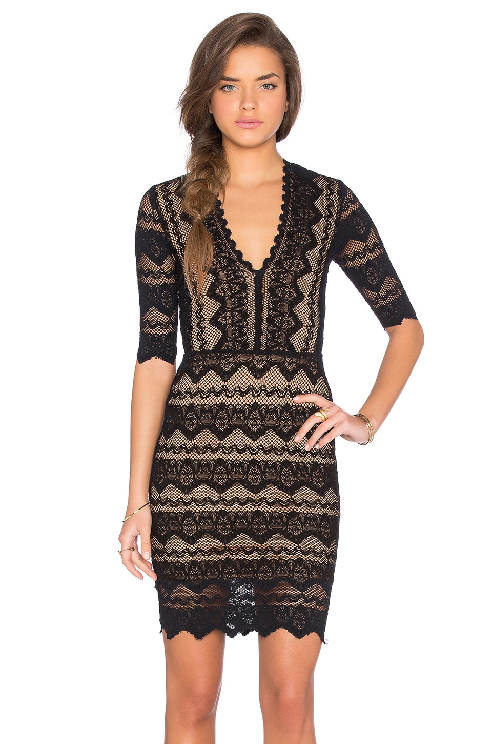 Nightcap Sierra Lace 3/4 Sleeve Deep V Dress in Black | REVOLVE