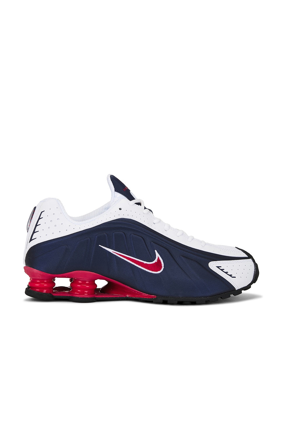 Nike Shox R4 Sneaker in Midnight Navy, Gym Red, White