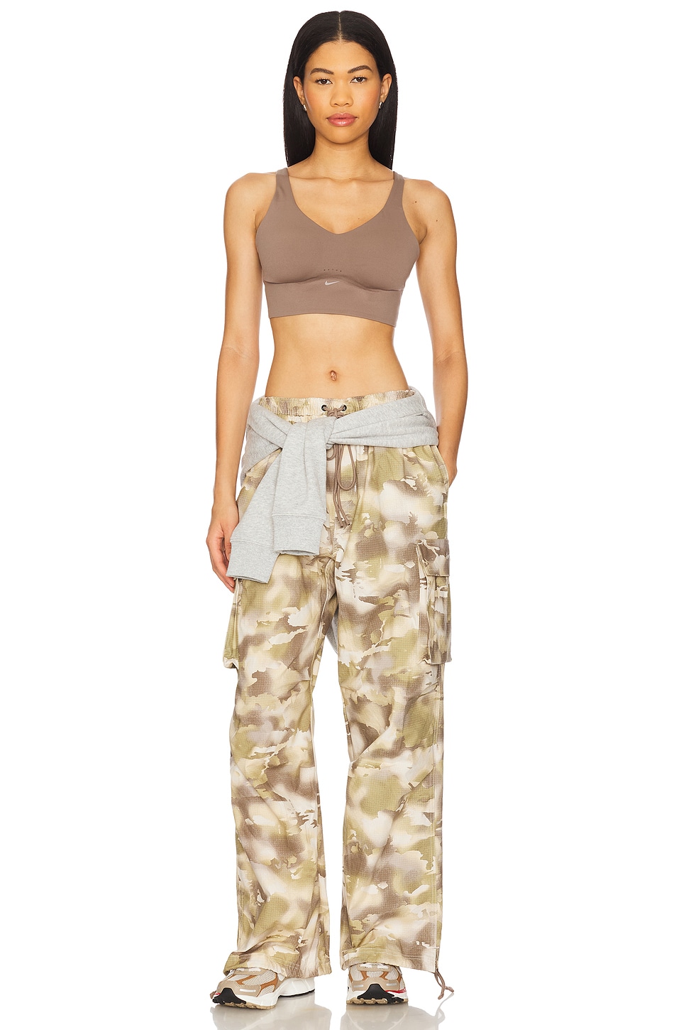 Nike Longline Padded Sports Bra in Mink Brown & White | REVOLVE