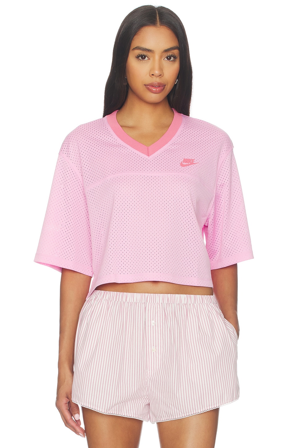 normakamali.com CROPPED SHOULDER PAD LONG SLEEVE CREW TOP