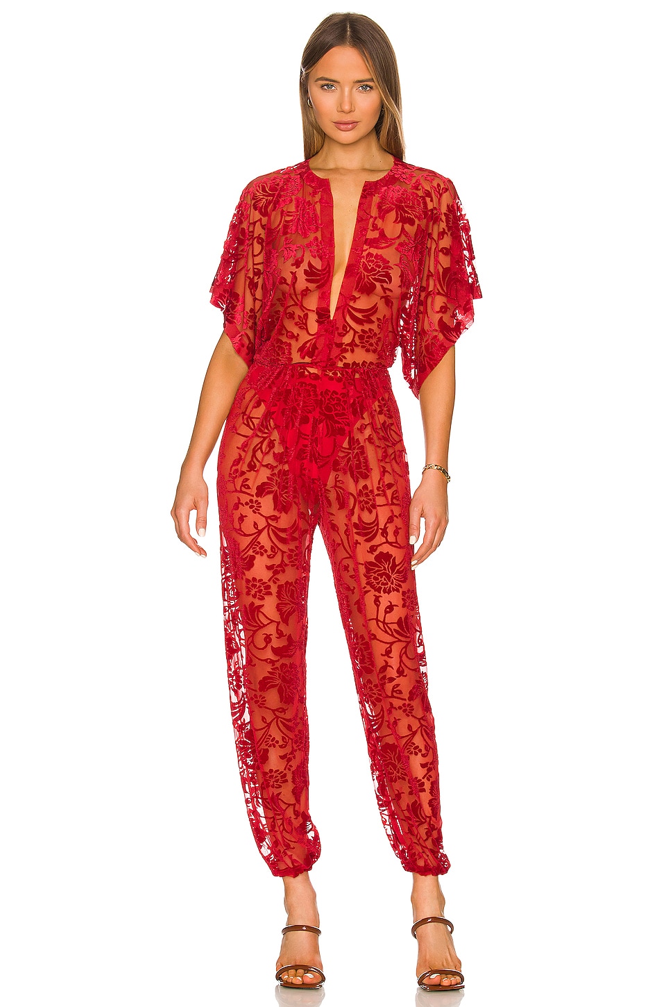 Red Designer Jumpsuit with Floral Lace Design and Sheer Mesh Fabric for Evening