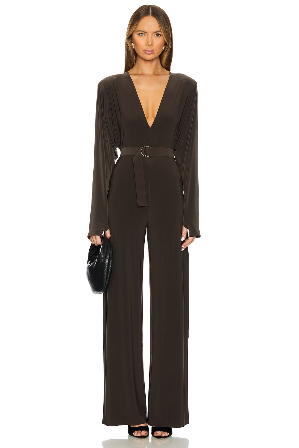 Norma Kamali Dolman V Neck Jumpsuit With Shoulder Pads