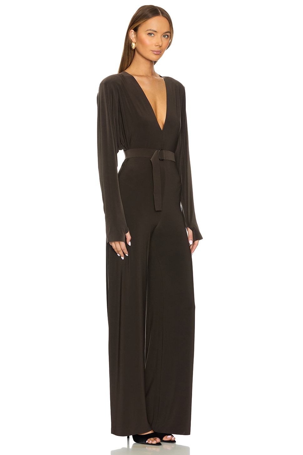 Norma Kamali Dolman V Neck Jumpsuit With Shoulder Pads thumbnail