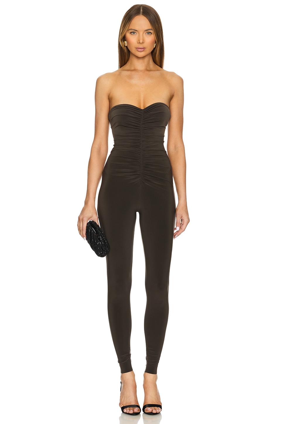 Norma Kamali Strapless Shirred Front Catsuit in Espresso
