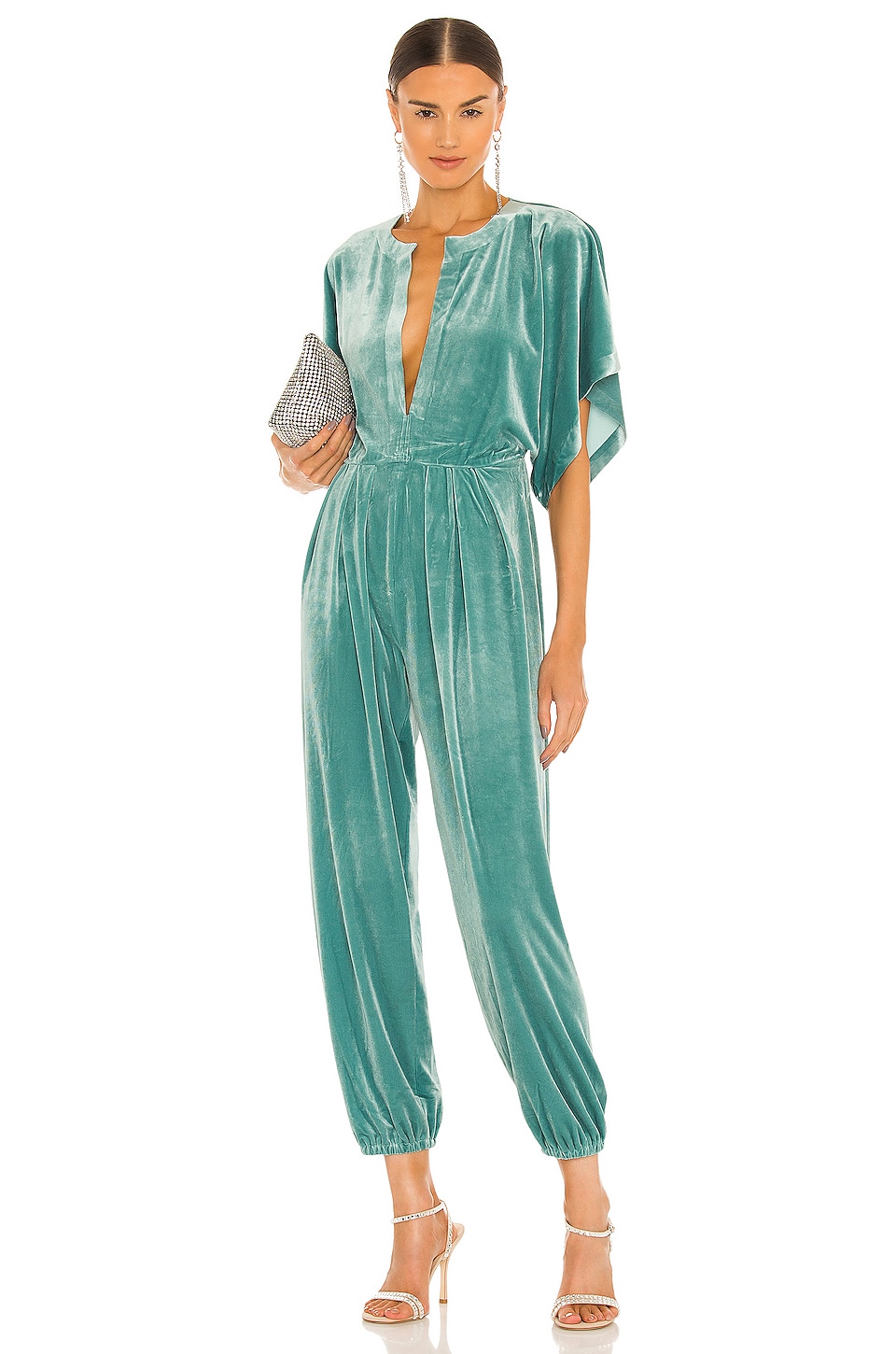 Green Designer Velvet Jumpsuit for Evening with Elastic Waist