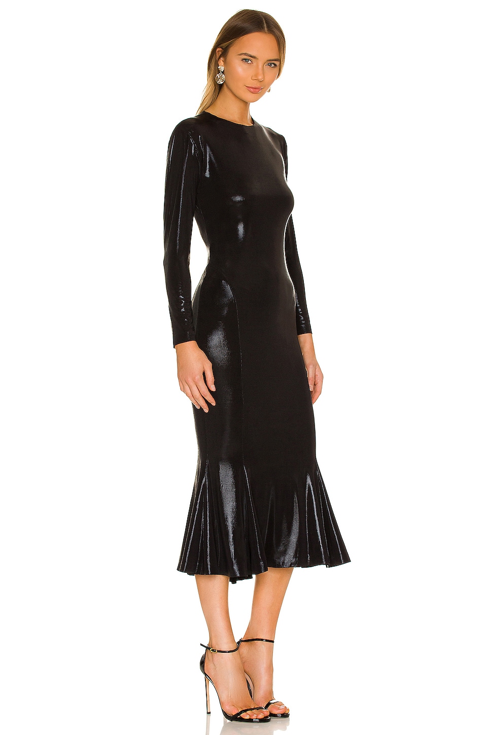 Norma Kamali Long Sleeve Crew Fishtail Dress To Midcalf in Black