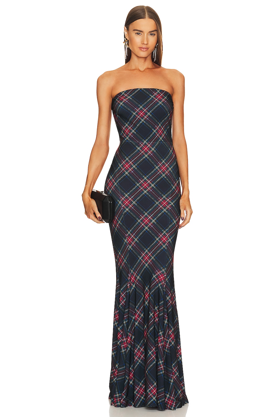 Norma Kamali Strapless Fishtail Gown in Black Tartan REVOLVE