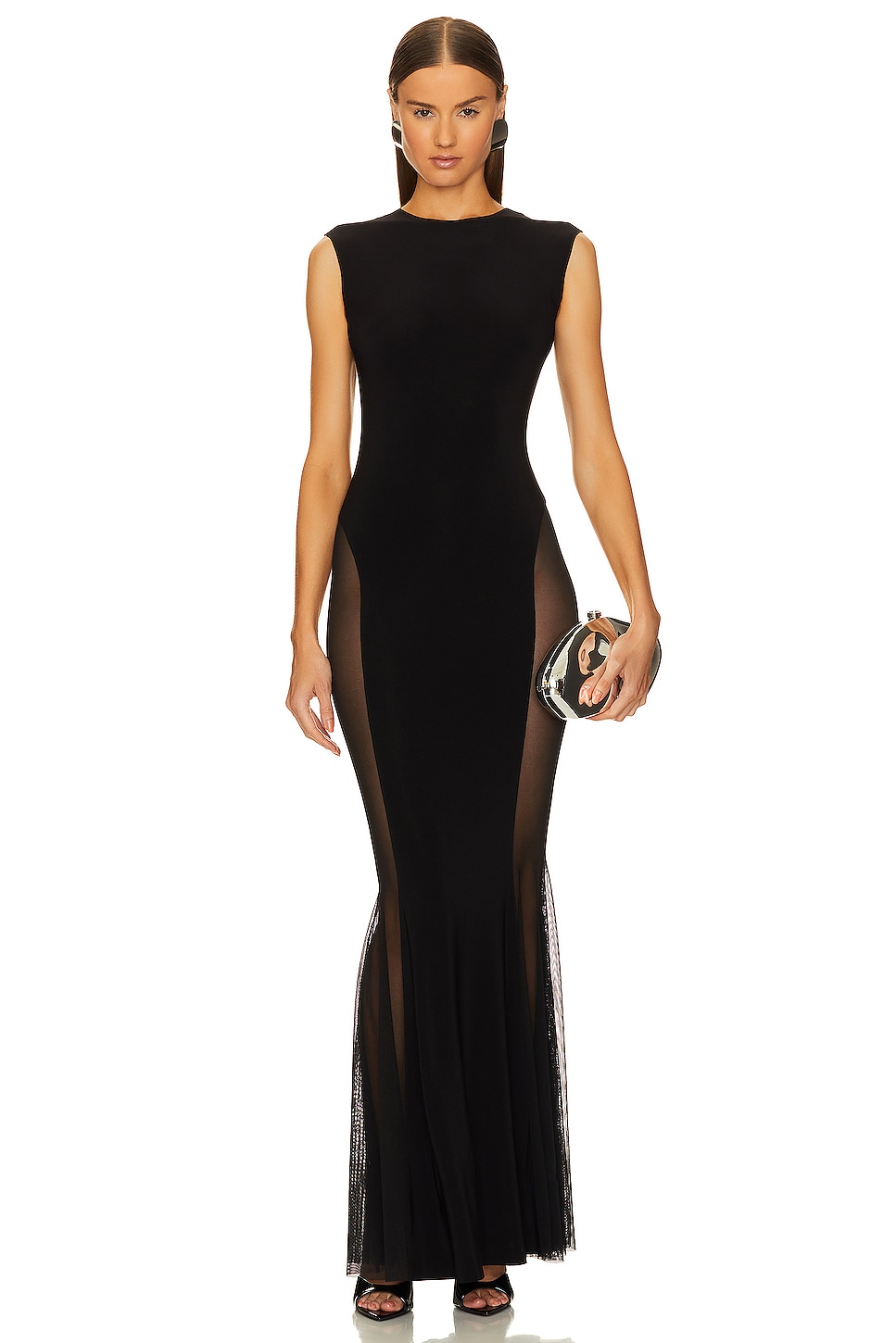 Norma Kamali Sleeveless Crewneck Fishtail Gown With Mesh Sides in Black ...