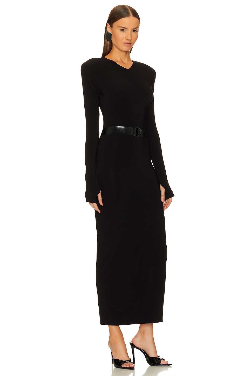 Norma Kamali Long Sleeve Shoulder Pad Side Slit Gown thumbnail