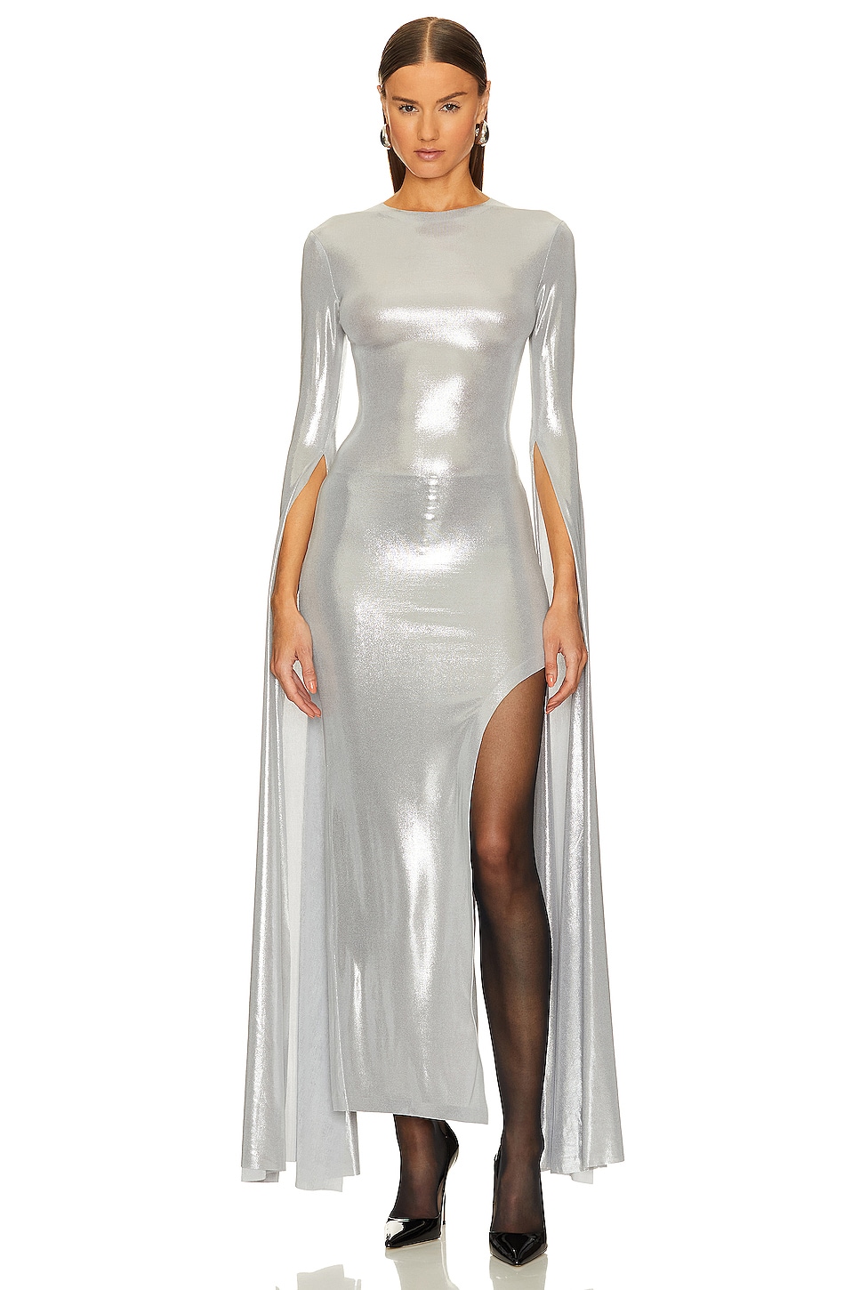 Norma Kamali Open Back Ribbon Sleeve Wide Slit Gown