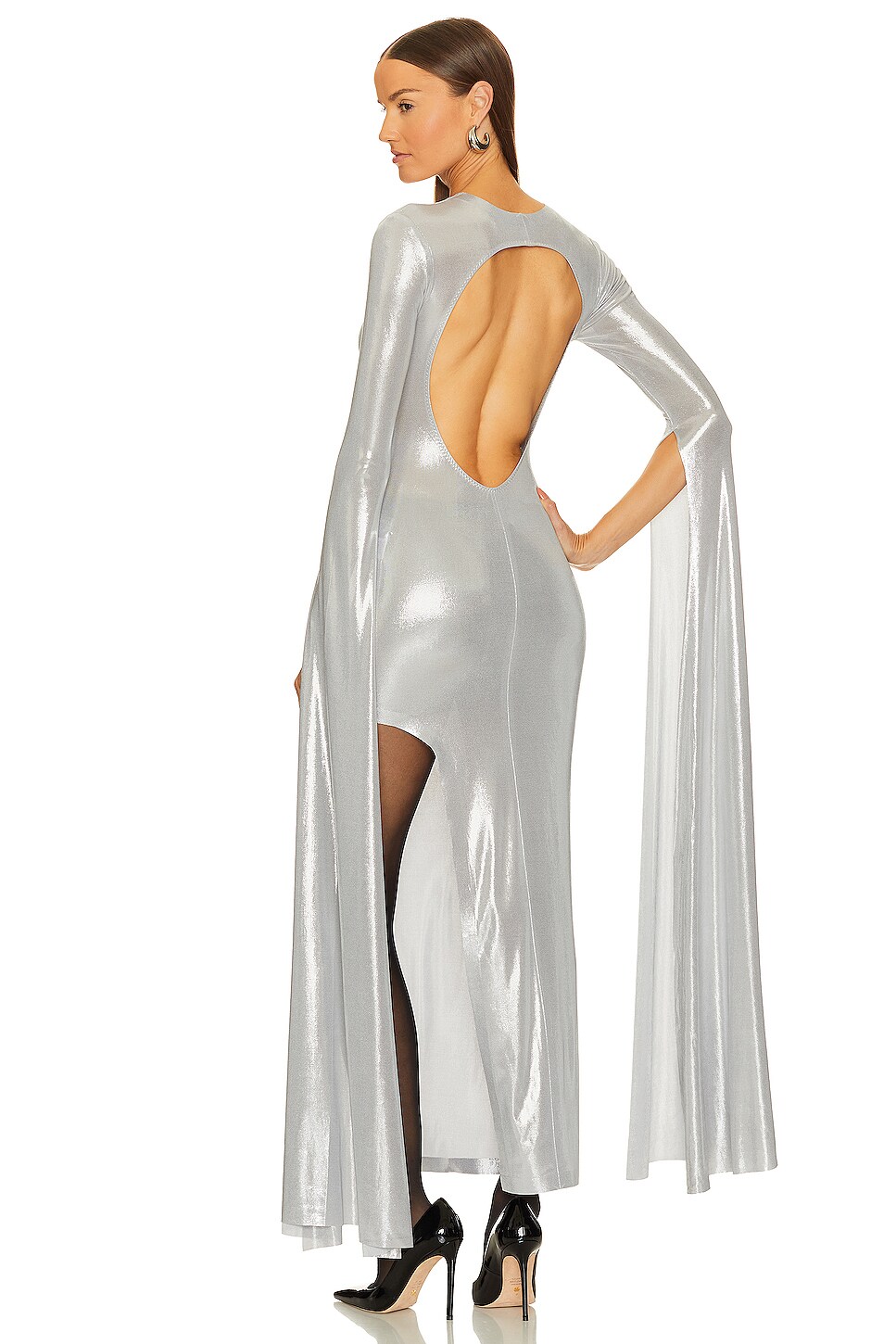 Norma Kamali Open Back Ribbon Sleeve Wide Slit Gown