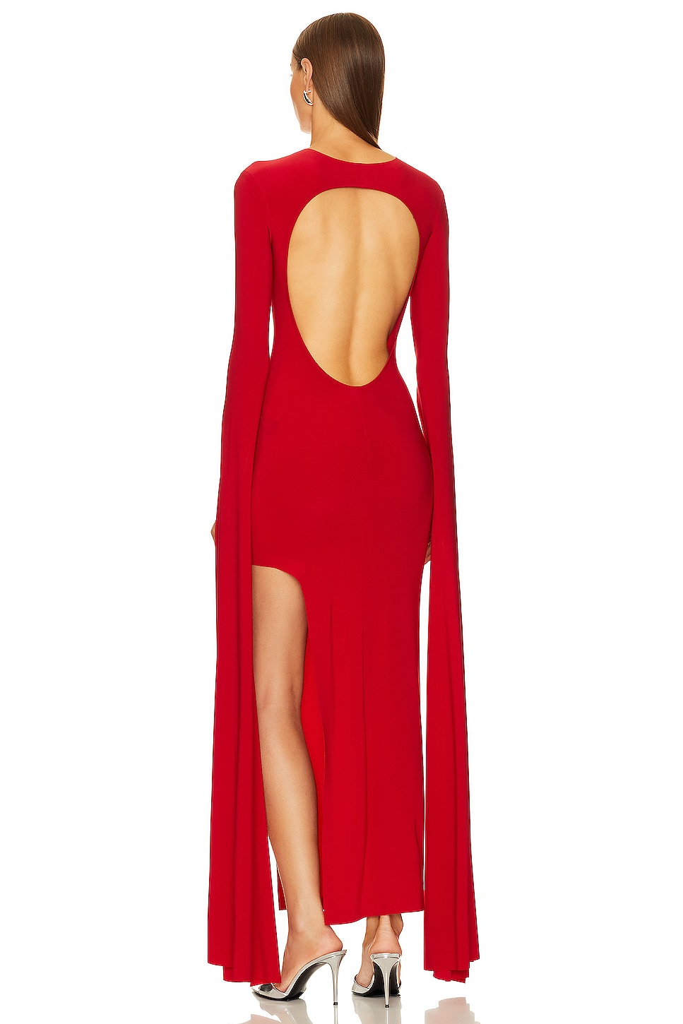 Open Back Ribbon Sleeve Wide Slit Gown