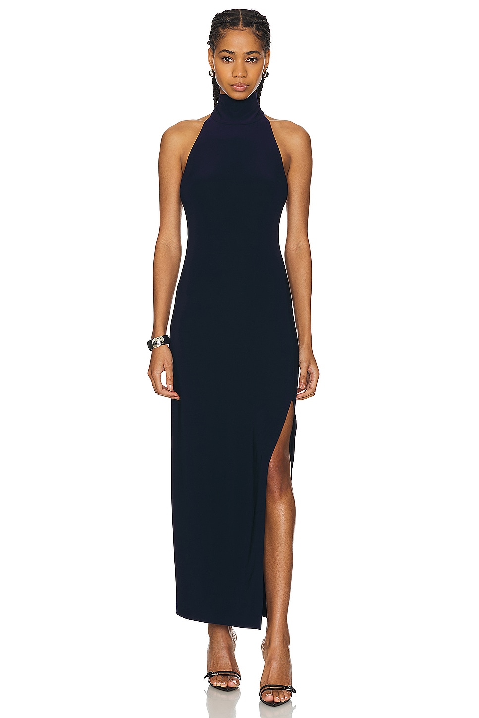 LIKELY Cameron Long Halter online gown with slit Navy