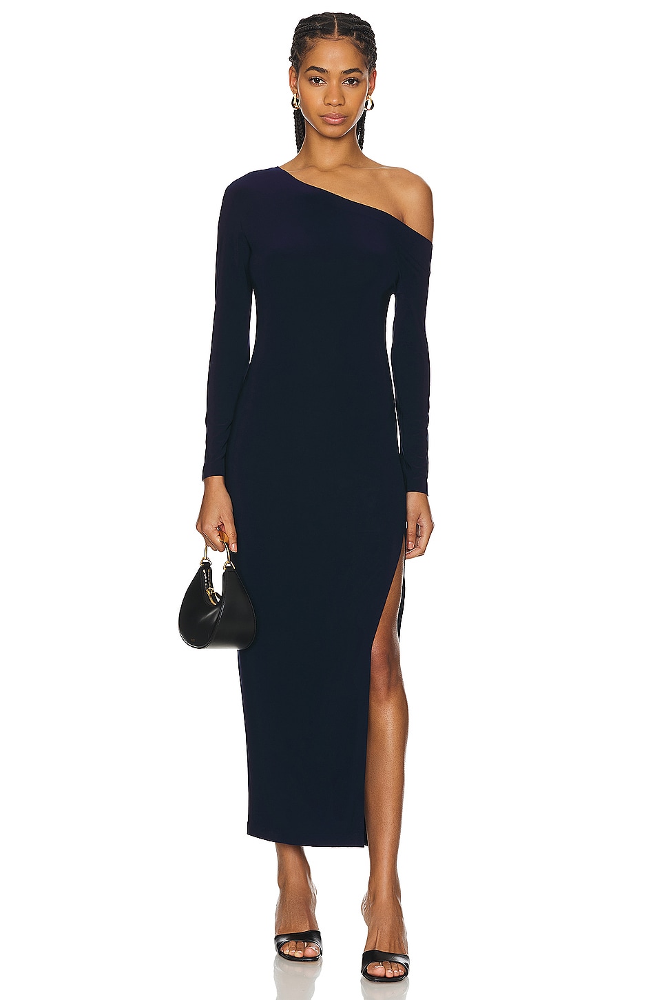 Norma Kamali Long Sleeve Drop Shoulder Side Slit Gown in True Navy REVOLVE