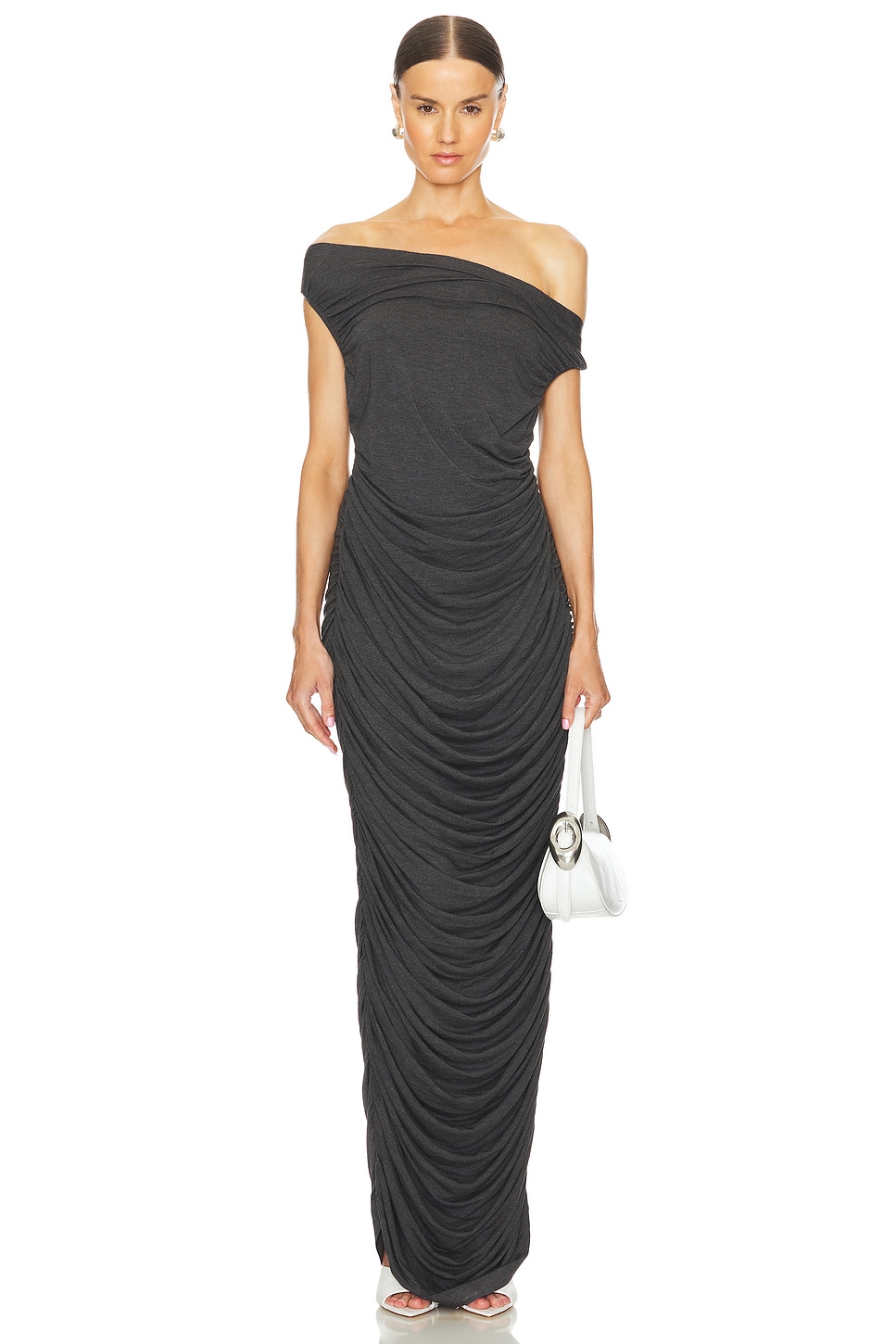 Norma Kamali Drop Shoulder Side Shirred Gown in Dark Grey