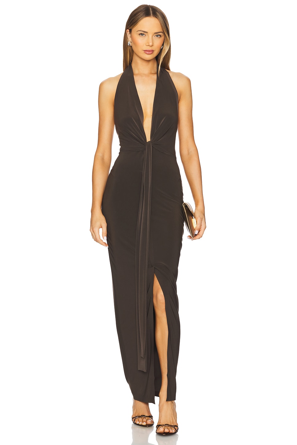 Norma Kamali x REVOLVE Tie Front Halter Gown in Espresso