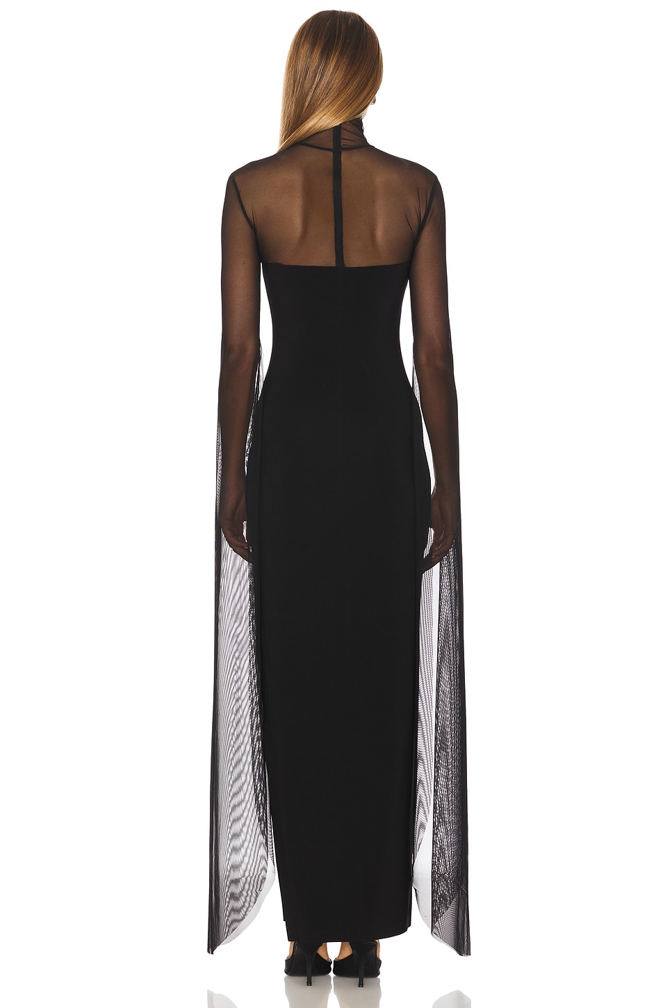 Norma Kamali Ribbon Sleeve Turtleneck Side Slit Gown in
