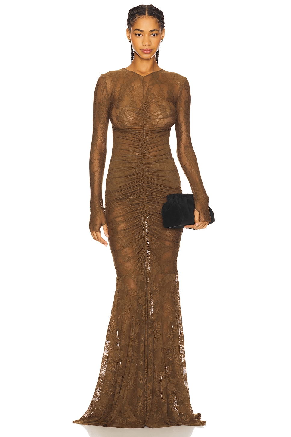 Long Sleeve V Neck Shirred Front Fishtail Gown